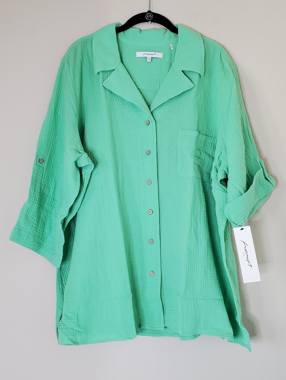 Foxcroft Womens Button Down Blouse Shirt 22W cotton gauze Roll Tab Sleeves Green